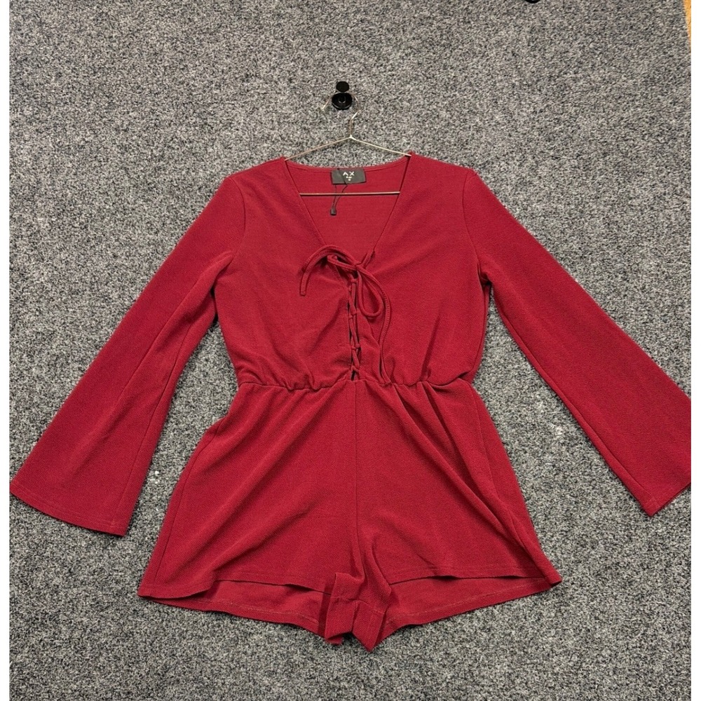 AX Paris Romper Womens 12 Red Long Sleeve Lace Up Bell Sleeve Boho P068 02346